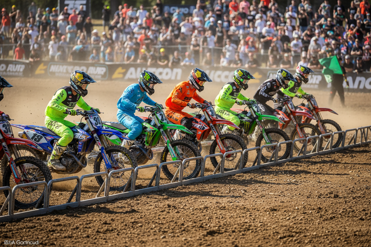 uma arrancada de motocross antes do holeshot com varias motos dirtbikes de alta performance